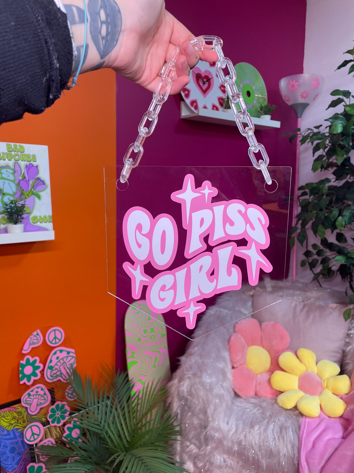 Go piss girl clear acrylic banner with acrylic chain