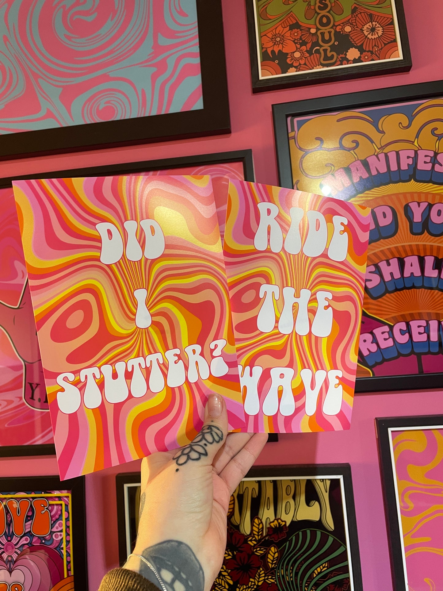 Personalised retro groovy swirl pink typography poster print