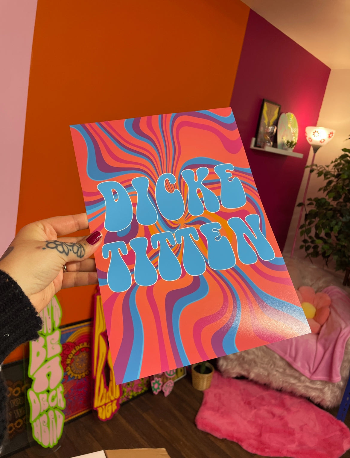 Personalised retro groovy swirl blue typography poster print