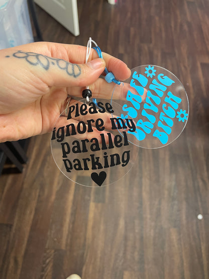 Please ignore my parallel parking rearview mirror car accessory charm clear acrylic