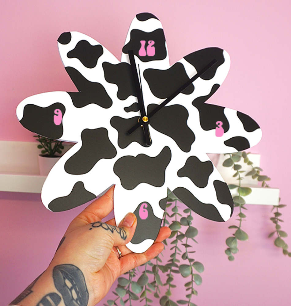 Cow print flower shaped decorative clock silent movement
