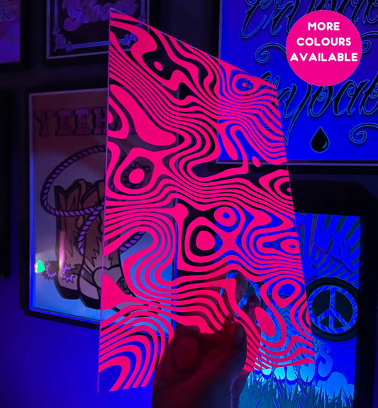 Psychedelic 70's pattern trippy UV glow pink clear acrylic vinyl poster plaque