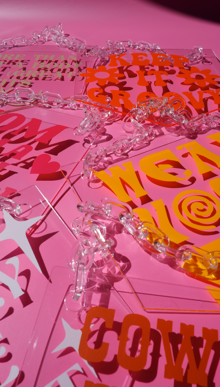 Spill the tea clear acrylic banner with acrylic chain