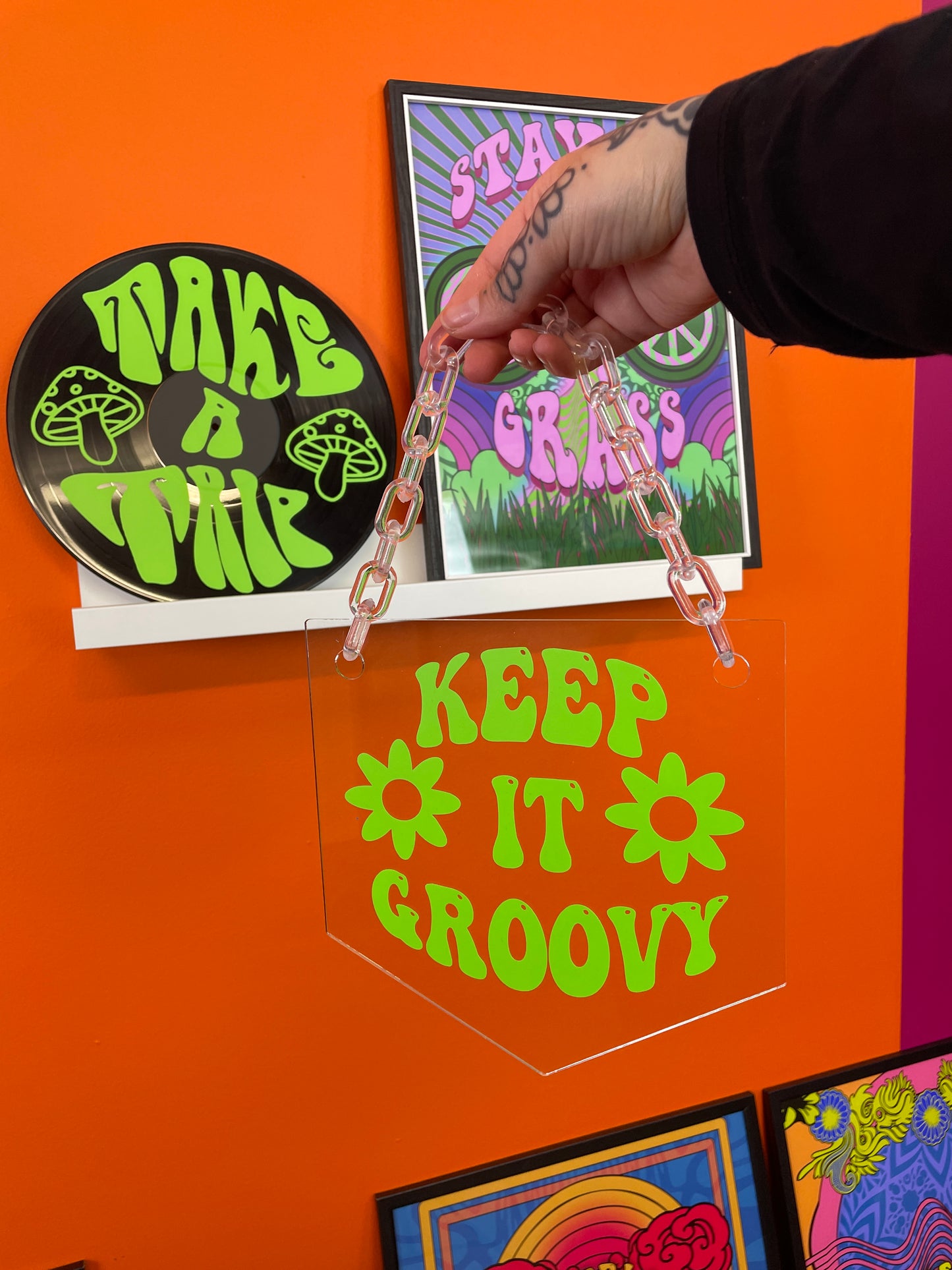 Keep it groovy clear acrylic banner with acrylic chain