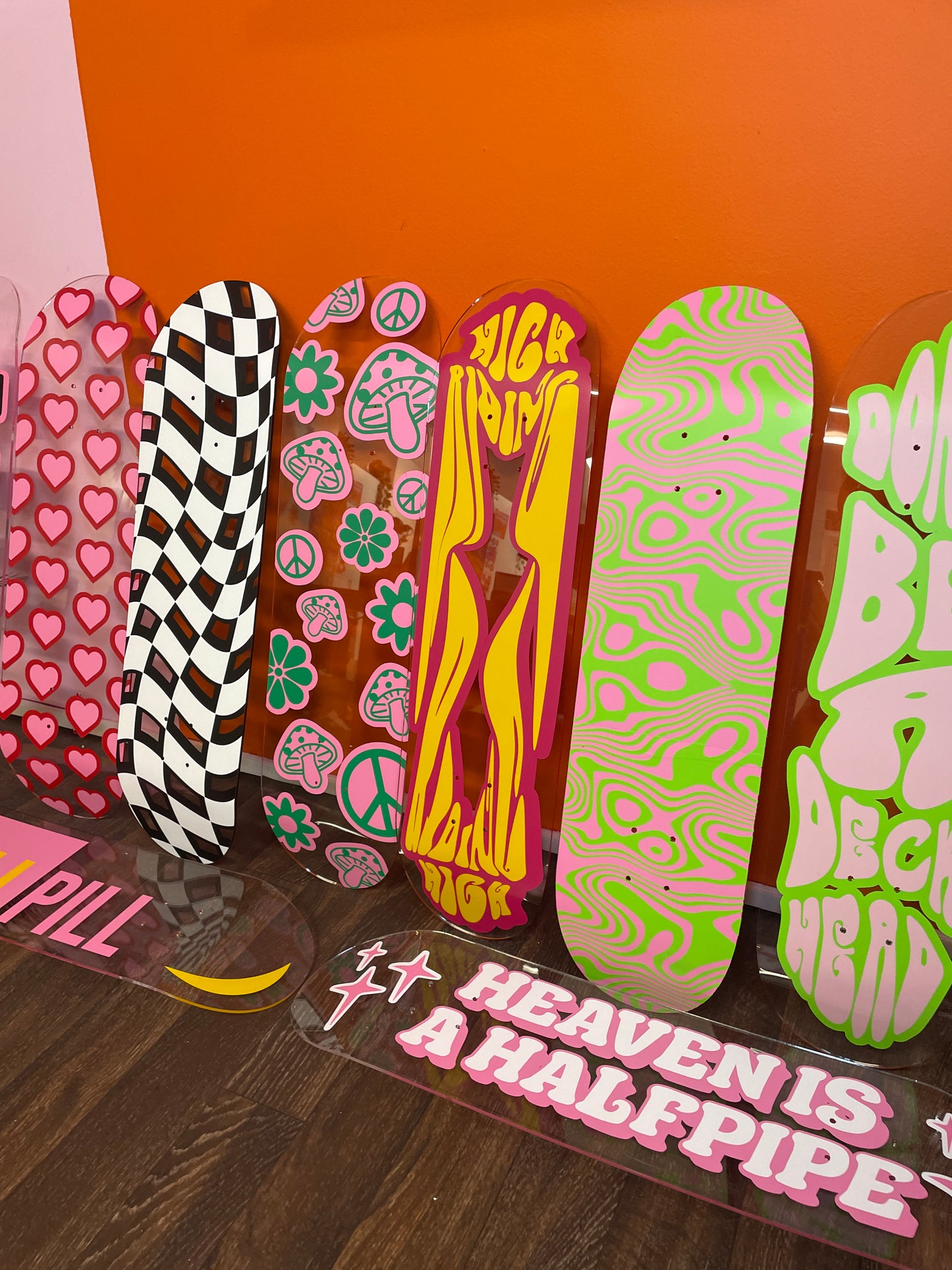 Trippy hippy psychedelic mushroom flower peace pattern clear acrylic skateboard deck