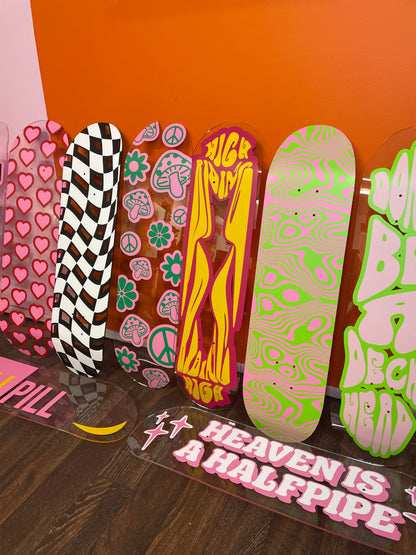 Psychedelic swirl clear acrylic skateboard deck