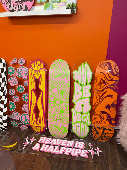 Trippy hippy psychedelic mushroom flower peace pattern clear acrylic skateboard deck
