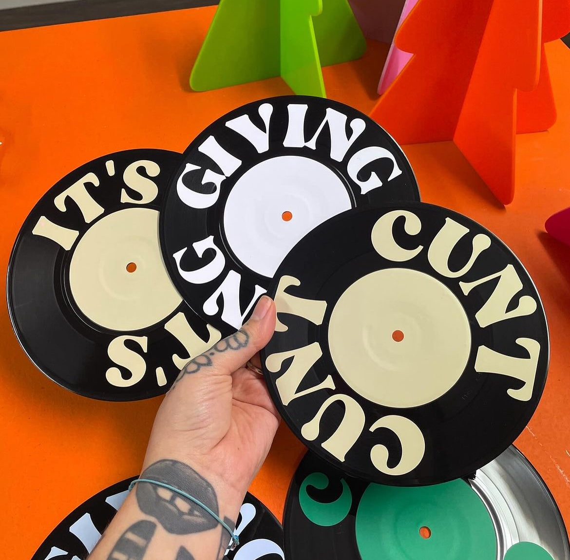 It's giving cunt set of 3 upcycled vintage 7" 45 LP vinyl records home decor