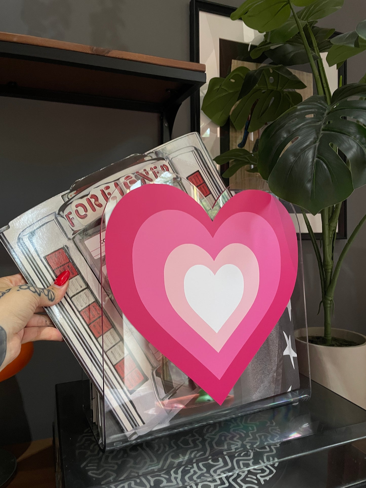 Retro heart shape acrylic storage holder for records, books and other storage home decor