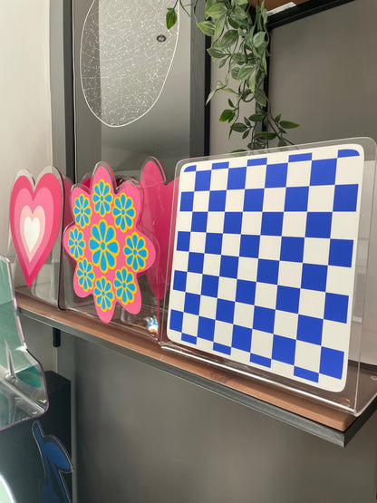 Checkerboard acrylic storage holder for records, books and other storage home decor