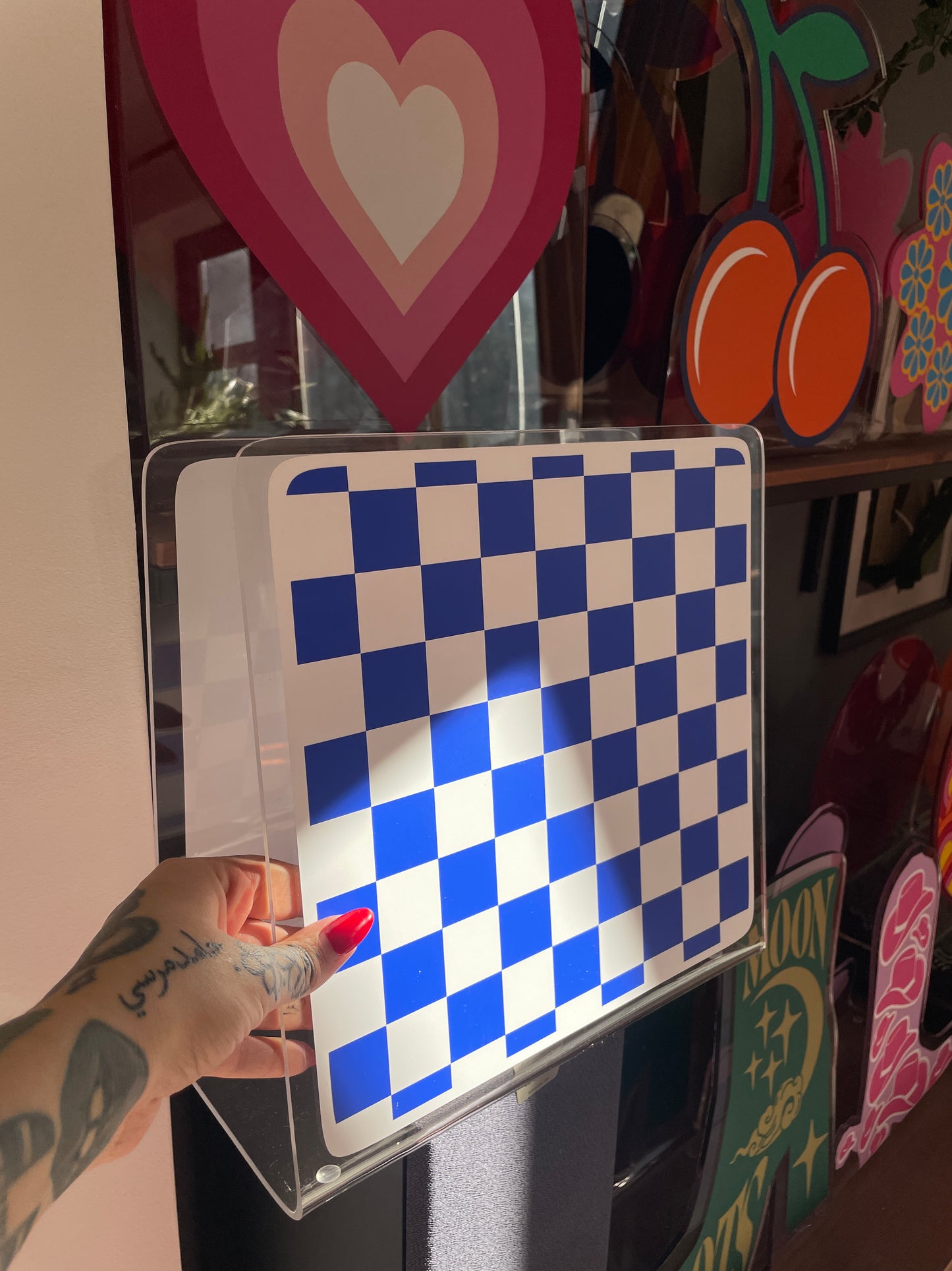 Checkerboard acrylic storage holder for records, books and other storage home decor