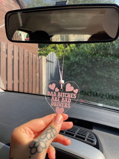 Bad bitches are bad drivers heart rearview mirror car accessory charm clear acrylic