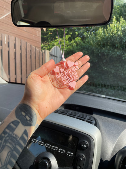 Bad bitches are bad drivers heart rearview mirror car accessory charm clear acrylic