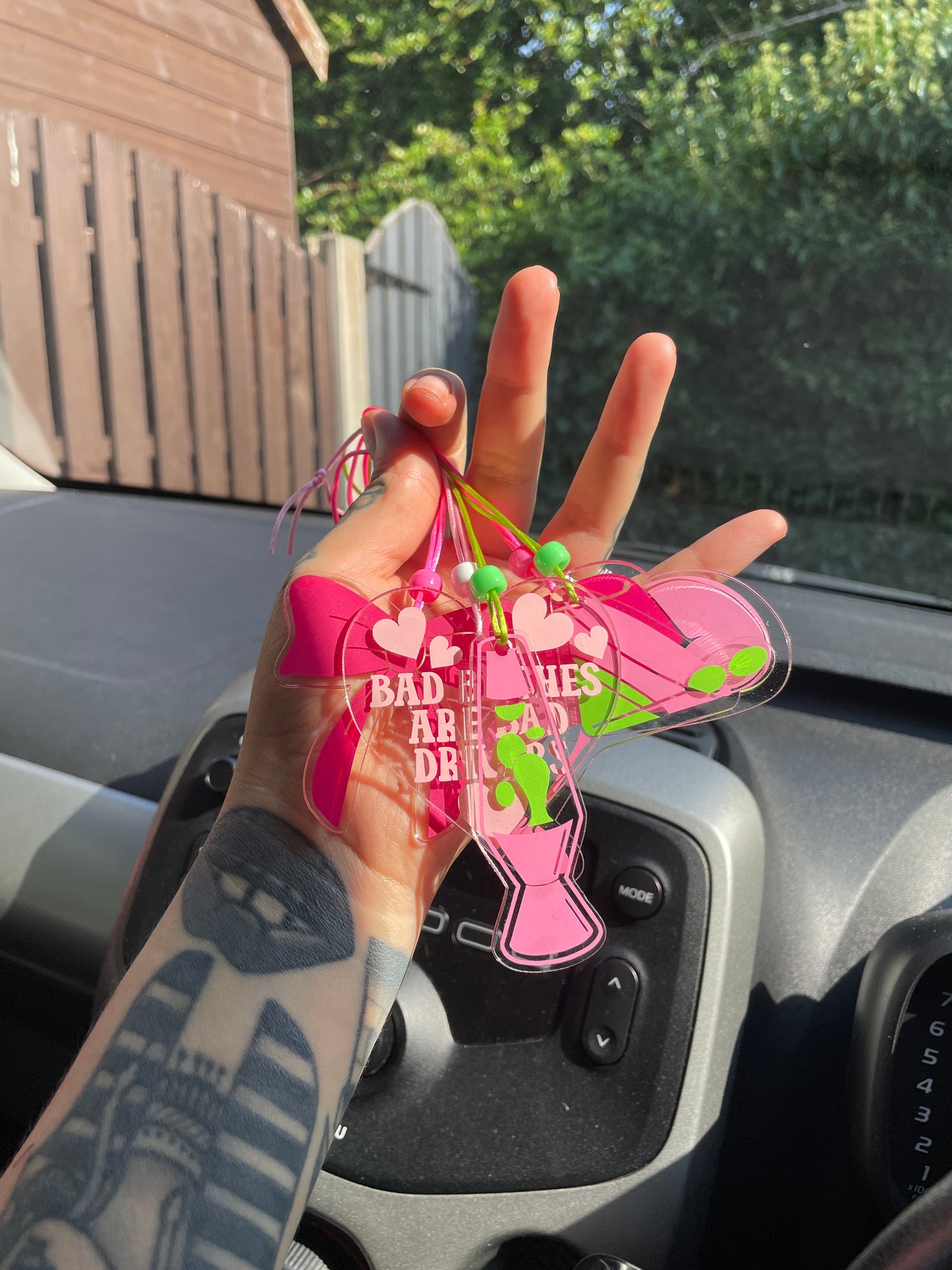 Bad bitches are bad drivers heart rearview mirror car accessory charm clear acrylic