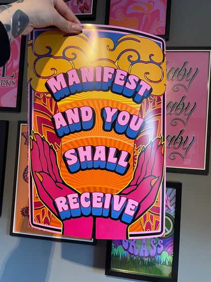 Manifest And You Shall Receive Psychedelic Hippy Groovy 70S Typography Artwork Poster Print Poster