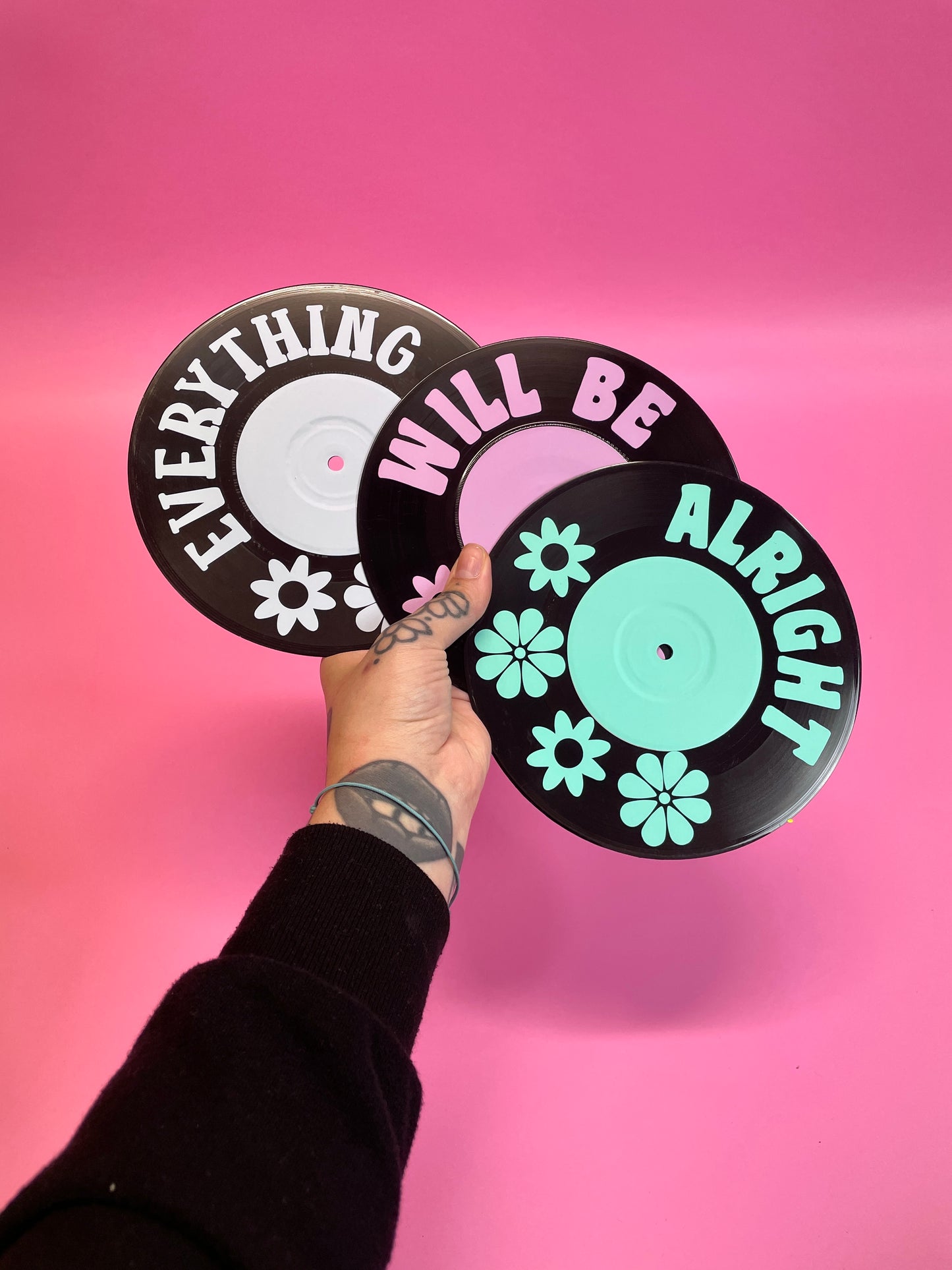 Everything will be alright set of 3 upcycled vintage 7" 45 LP vinyl records home decor