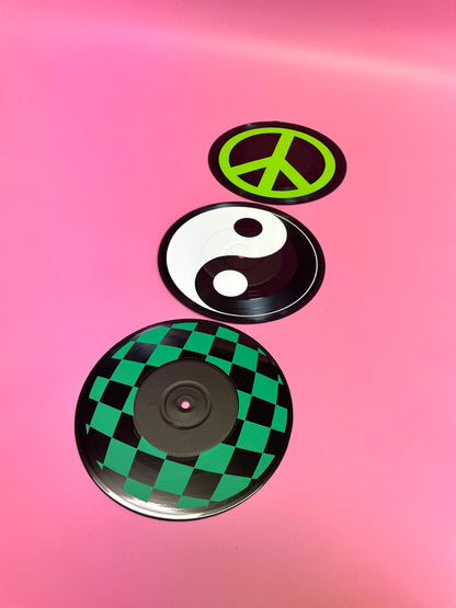 Yin yang, peace sign and checkerboard pattern set of 3 upcycled vintage 7" 45 LP vinyl records home decor