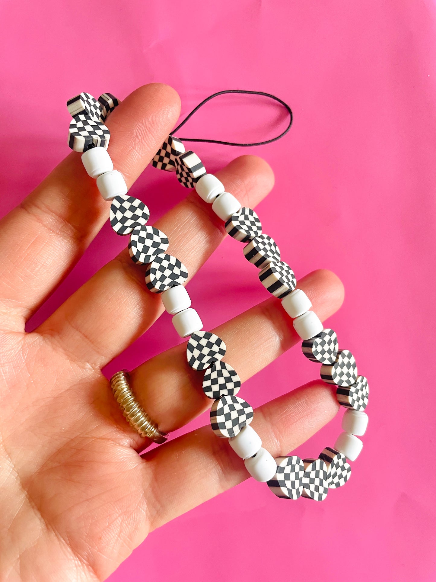 Checkerboard black and white mobile phone charm strap