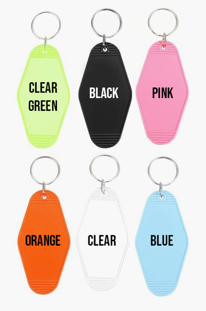 Personalised custom text motel keychain keyring various colours
