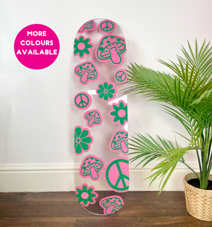 Trippy hippy psychedelic mushroom flower peace pattern clear acrylic skateboard deck