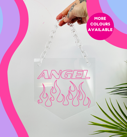 Angel flames clear acrylic banner with acrylic chain