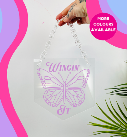 Wingin it butterfly clear acrylic banner with acrylic chain