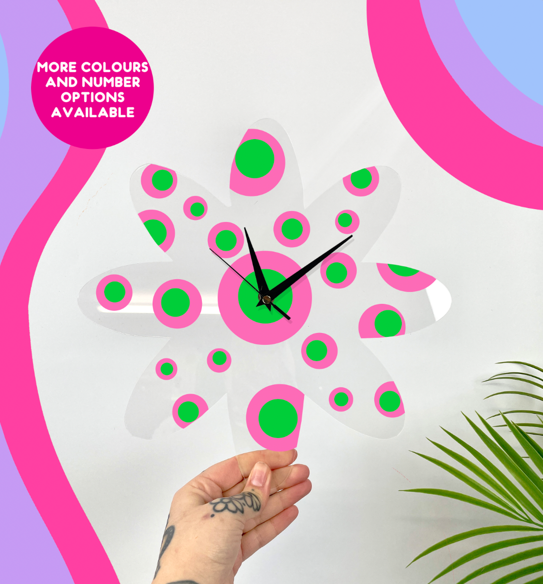 Polka dot circle pattern clear acrylic flower shaped decorative clock silent movement