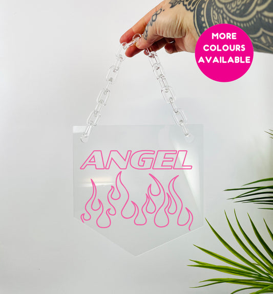 Angel flames clear acrylic banner with acrylic chain