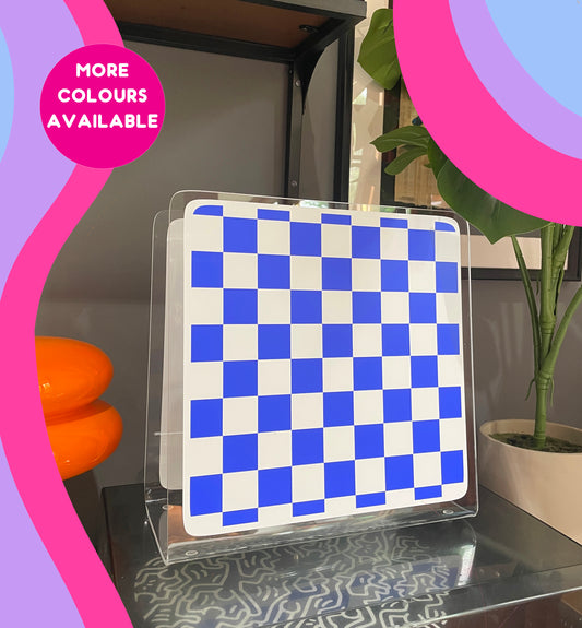 Checkerboard acrylic storage holder for records, books and other storage home decor