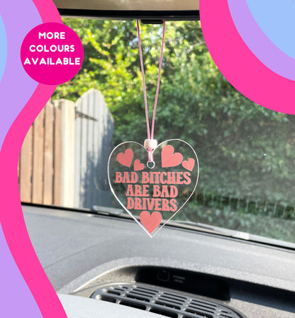 Bad bitches are bad drivers heart rearview mirror car accessory charm clear acrylic