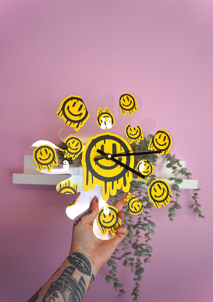 Happy face graffiti clear acrylic blob splat shaped decorative clock silent movement