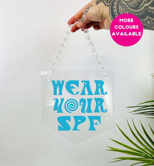 Wear your spf clear acrylic banner with acrylic chain
