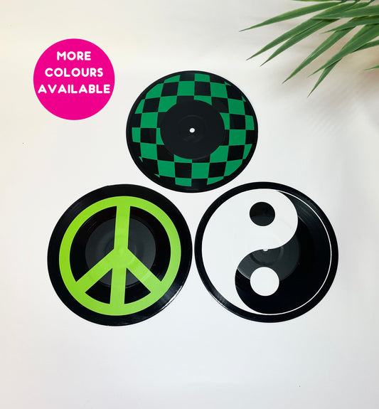Yin yang, peace sign and checkerboard pattern set of 3 upcycled vintage 7" 45 LP vinyl records home decor