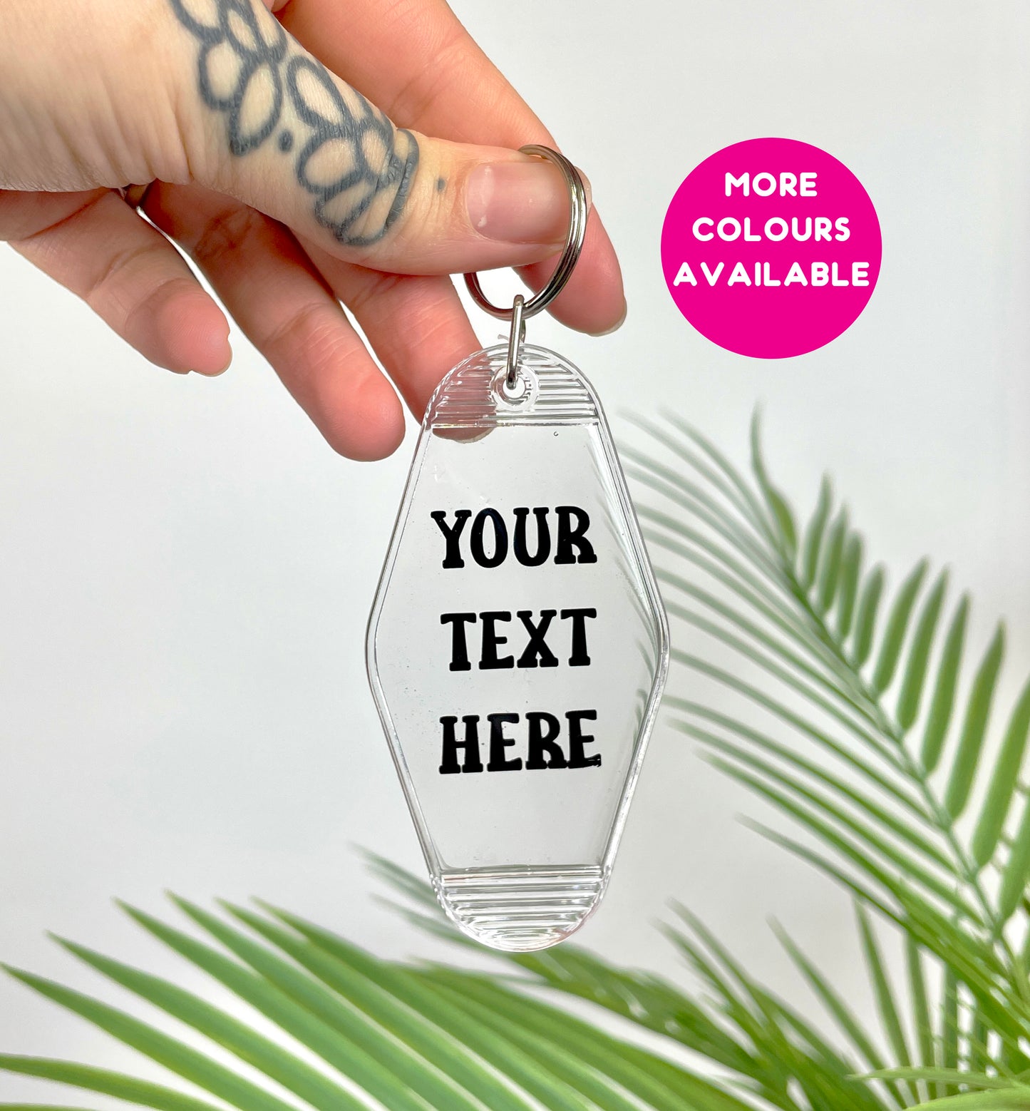 Personalised custom text motel keychain keyring various colours