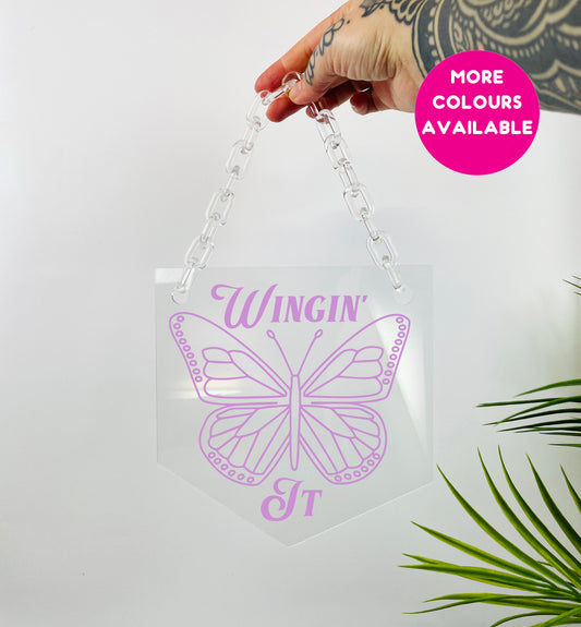 Wingin it butterfly clear acrylic banner with acrylic chain