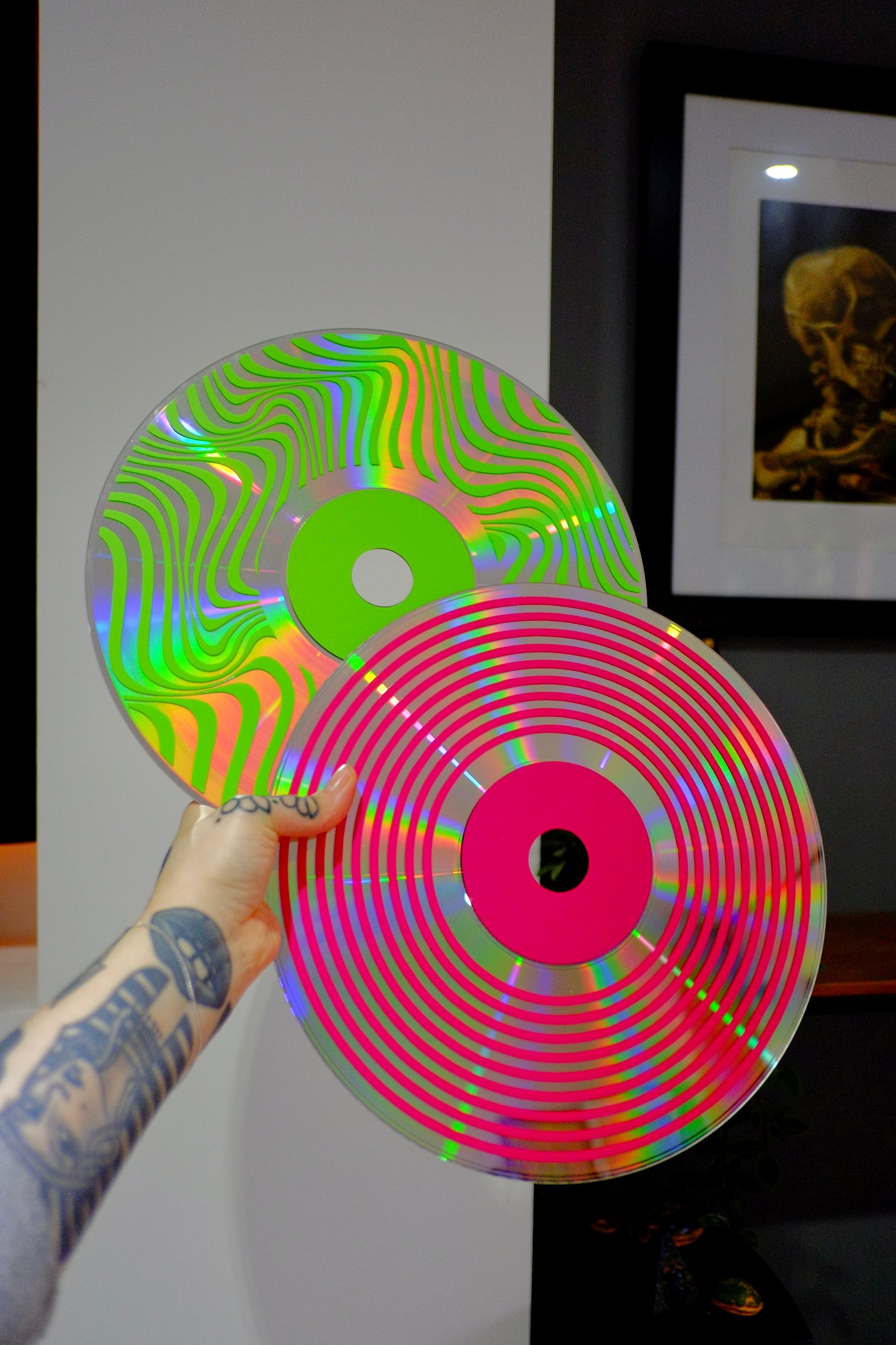Swirl pattern psychedelic upcycled vintage 12" laser disc home decor