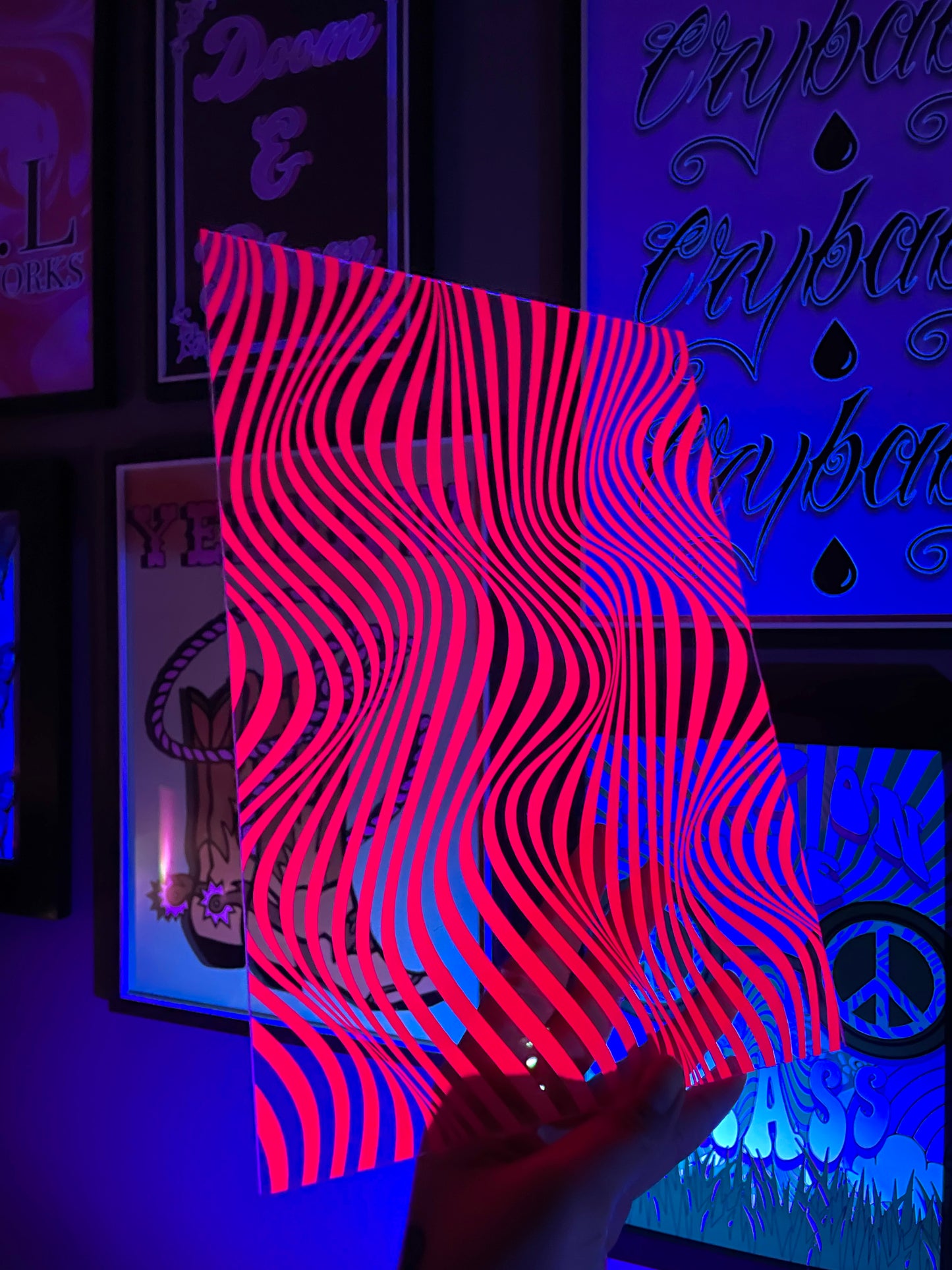 Psychedelic optical illusion pattern trippy UV glow pink clear acrylic vinyl poster plaque