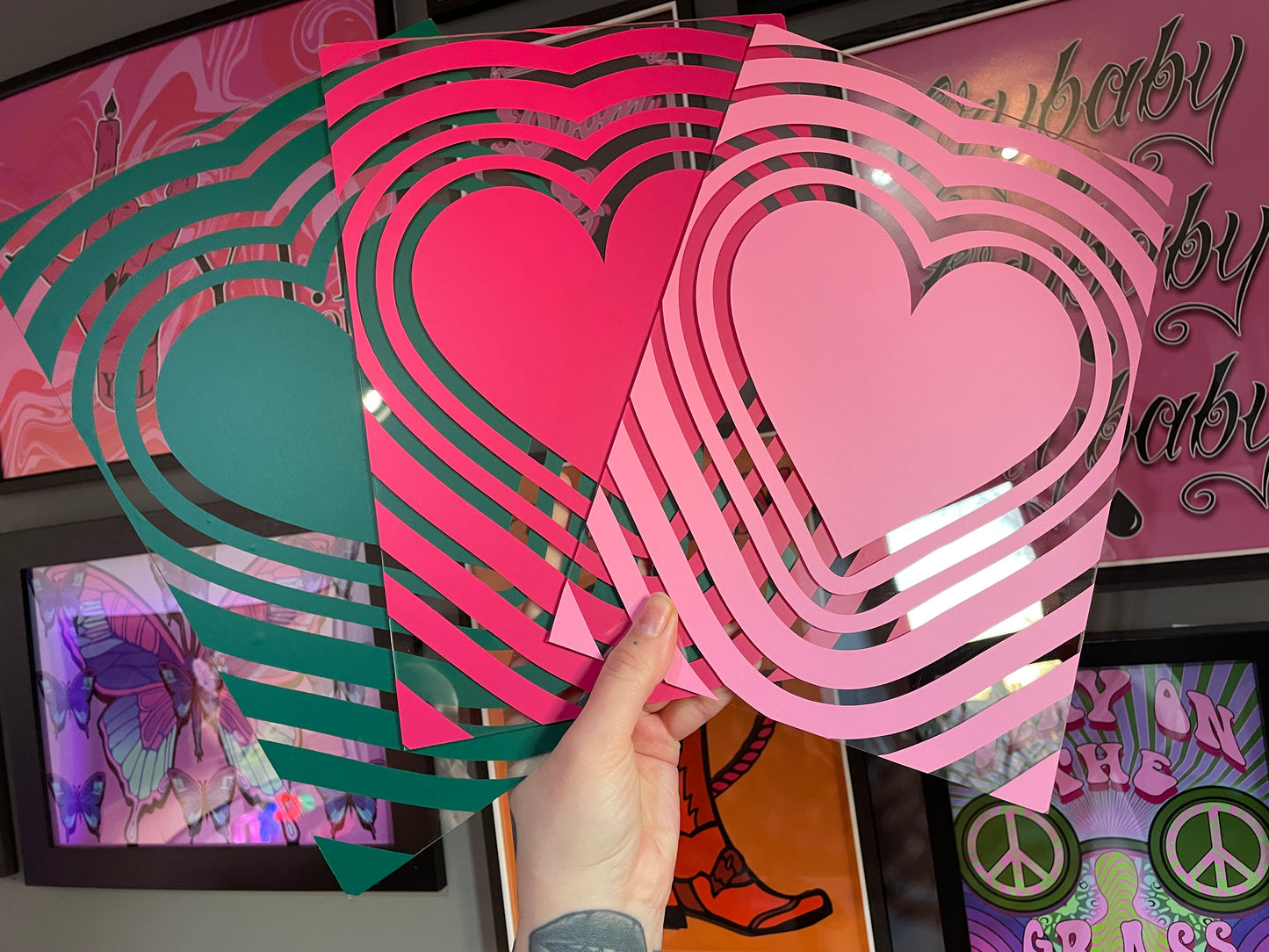 Retro hearts clear acrylic vinyl poster plaque