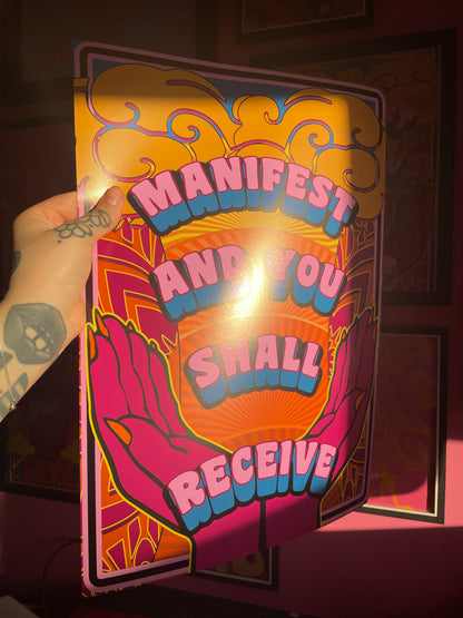 Manifest and you shall receive psychedelic hippy groovy 70's typography artwork poster print