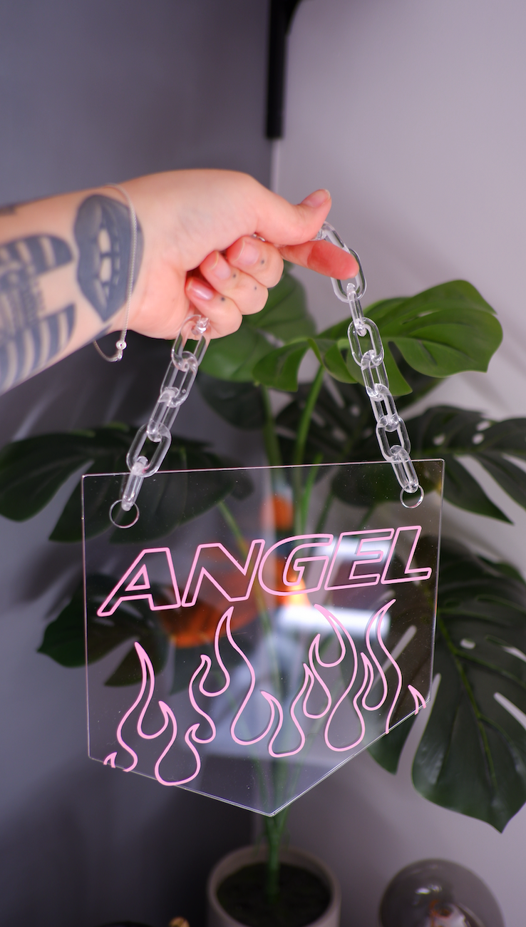 Angel flames clear acrylic banner with acrylic chain