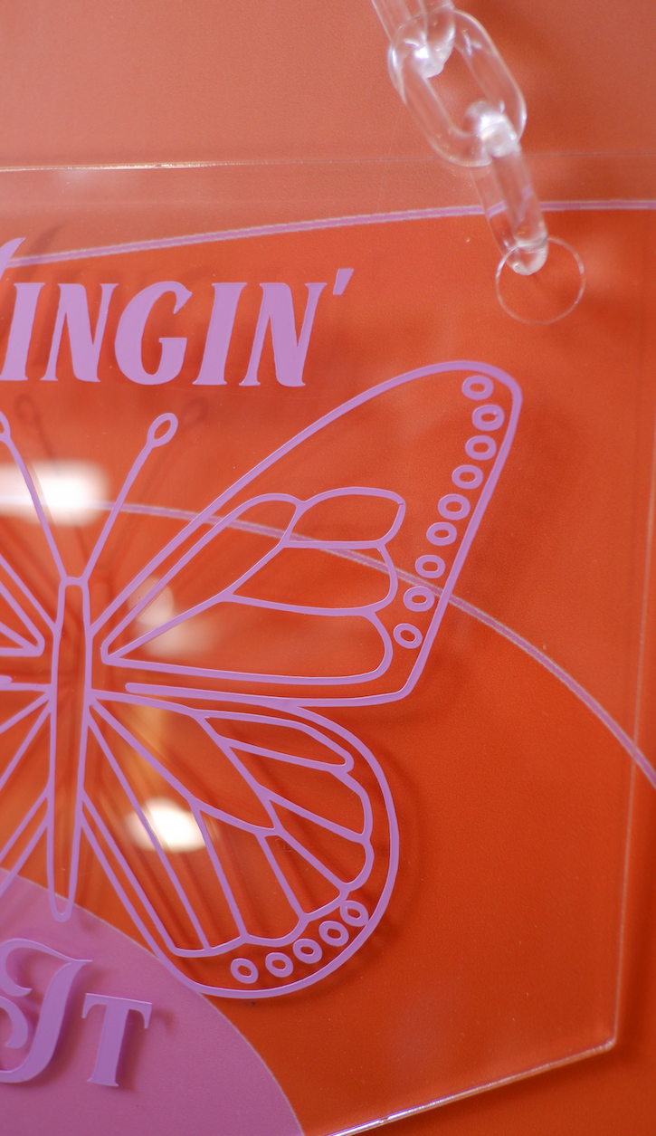 Wingin it butterfly clear acrylic banner with acrylic chain