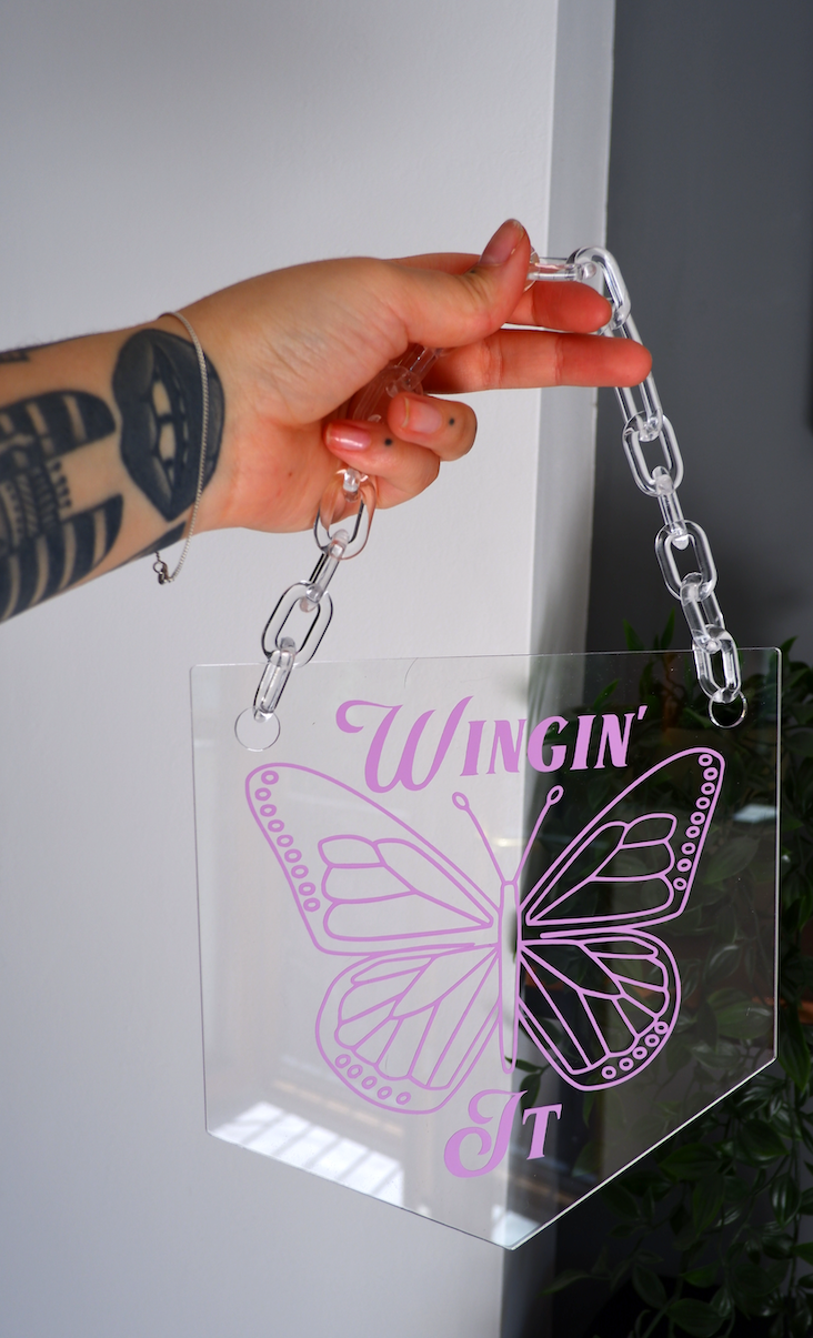 Wingin it butterfly clear acrylic banner with acrylic chain