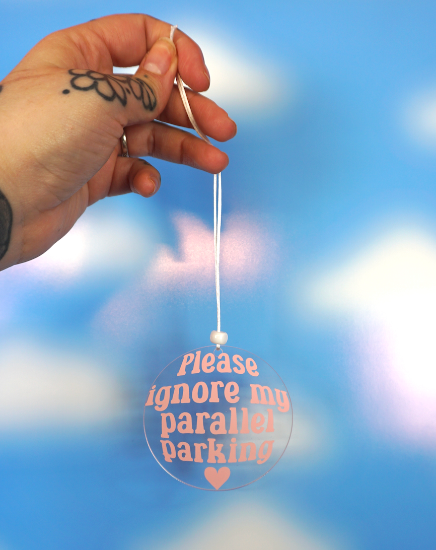 Please ignore my parallel parking rearview mirror car accessory charm clear acrylic
